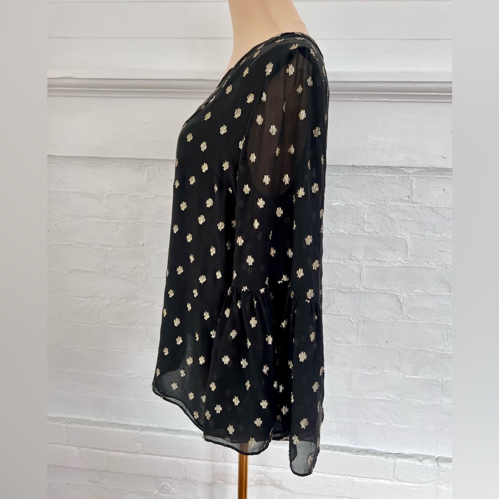 Lilly Pulitzer Amory Starry Silk Chiffon Blouse Black Gold Metallic Bell Sleeve - Picture 6 of 17